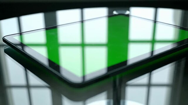Digital Tablet with Green Screen Reflection on a Reflective Surface