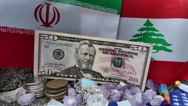 Iranian and Lebanese flags frame a prominent fifty-dollar bill and raw crystals.