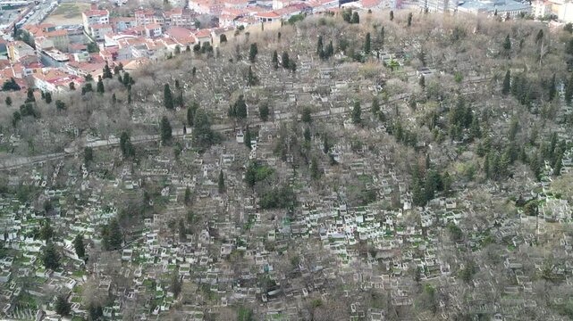 Eyup Cemetery hill in Istanbul, zoom back shot