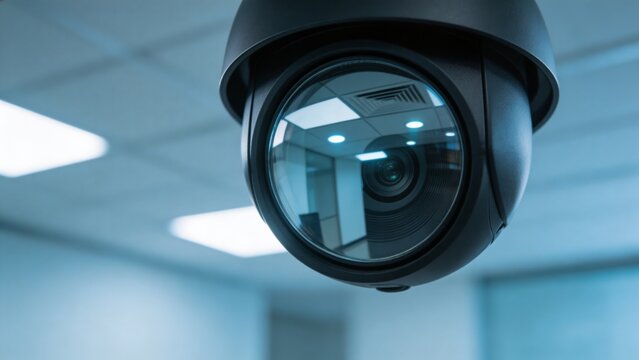 A security camera is mounted on a ceiling in a modern office, providing a close-up view of the device and its surroundings, highlighting its sleek design and functionality.