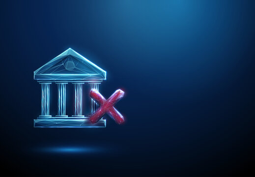 3D blue bank icon and cross icon Transaction failure, payment denied, banking error, declined operation, financial risk, system breach, account warning, fraud concept