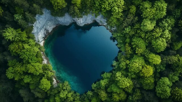 A heart shaped lake is surrounded by lush trees in a remote area, capturing natural beauty and interesting landscapes