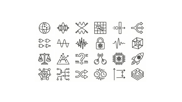 Minimal Quantum Computing Architecture Icon Set &ndash; Thin Line Black Outline Quantum System Vector Icons Grid