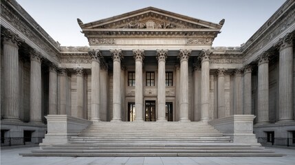 Fototapeta premium Grand classical courthouse facade with row of stone columns and sweeping staircase