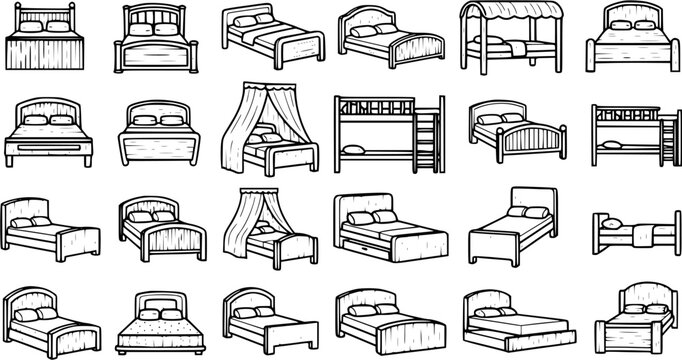 Black and White Line Art Icons of Various Beds, Furniture Collection