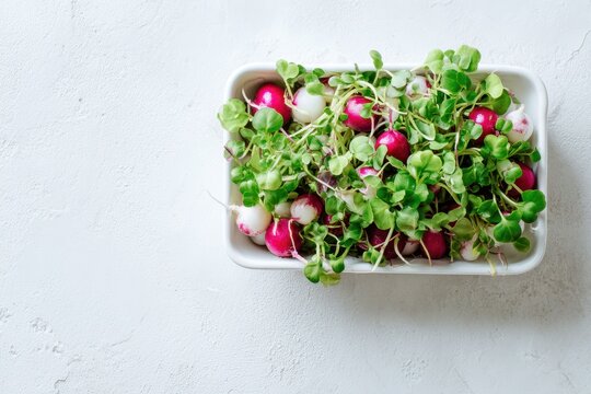 Healthy eating concept: radish sango and sunflower microgreens displayed in a simple tray with white background and ample negative space