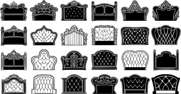 Black and White Line Art Vector of Ornate Headboard Designs, Furniture Illustration