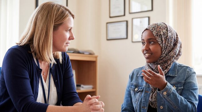 Female teacher listening student counseling classroom mentoring education support diversity empathy white woman educator paying close attention to a black teenage girl during private school dialog
