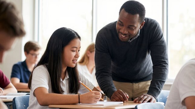 Black male teacher encouraging asian teenage student classroom education learning mentoring support diversity warm man educator giving motivational guidance and praise during a focused school lesson