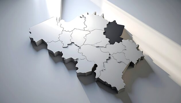 3D metallic map of Belgium divided into regions, with one region highlighted, on a clean, light gray background with dramatic shadows and light rays, representing travel or geography