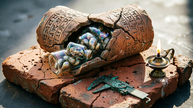 Ancient Clay Cylinder with Cuneiform Inscription and Iridescent Glass Bottles