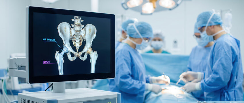 Surgeons and medical staff work in an operating room during a hip implant surgery. A monitor shows detailed images of the hip joint and the implant