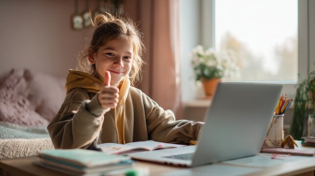 Home study scene with a girl and laptop, cheerful engagement in digital learning
