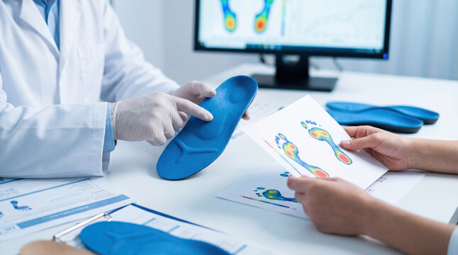 A doctor discusses custom foot insoles with a patient in a clinic. The doctor points to an insole while the patient examines printed foot maps. A computer displays additional information