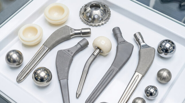 Different types of medical implants and surgical tools are arranged neatly on a tray. The tools are made of metal and plastic and are used in surgical procedures in hospitals