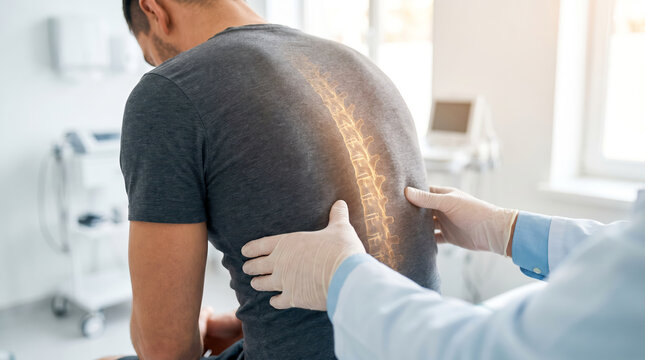 A person sits on an exam table while a healthcare worker examines their back. The worker wears gloves and touches the patient's back. Sunlight enters through a window