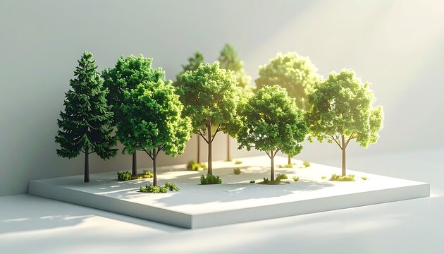 A cluster of lush green trees with vibrant leaves bathed in soft sunlight, creating a serene natural landscape vignette, perfect for environmental themes or calm backgrounds