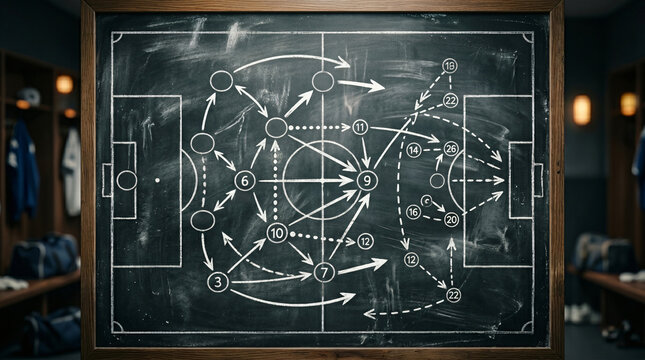 Coach draws strategy on chalkboard in locker room