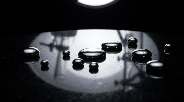 Shiny liquid mercury droplets on a dark surface