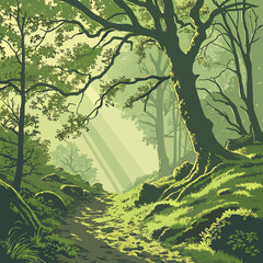 Sunlit forest path with overgrown grass and rocky terrain sunlight overgrown landscape vegetation woodland secluded tranquil branches environment exploration adventure undergrowth © Monir