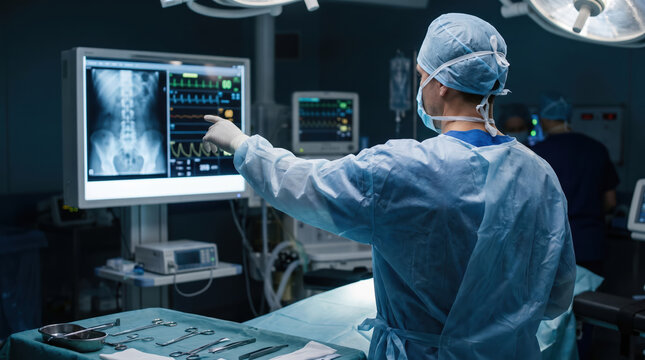 A surgeon analyzes patient scans and data on a monitor while preparing for surgery. Bright lights shine down in a hospital operating room. Medical staff are nearby