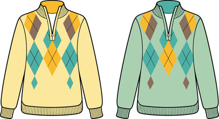 Argyle pattern sweaters, quarter zip knitwear, fashion flat sketch, winter clothing design, cad drawing flat vector illustration © Vector World