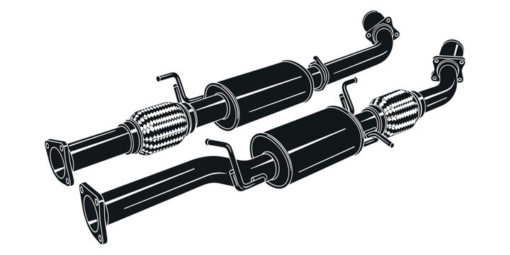 Black silhouette illustration of a pair of car exhaust mufflers and pipes, a component for vehicles, automotive silencer tailpipe