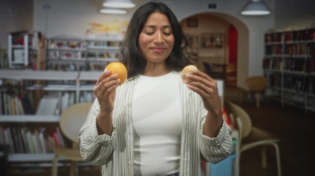 Young hispanic woman holding an orange and a muffin in her hands, smiling and comparing the snacks while standing among bookshelves in a public library building; choice contemplation.