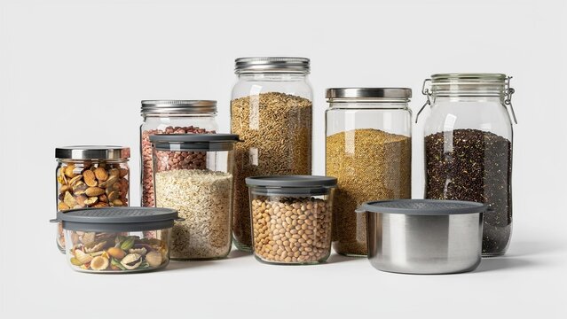 ero Waste Pantry Setup with Glass Containers and Healthy Dry Foods Sustainable Kitchen Concept