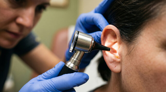Close-up of a clinician examining an ear canal with an otoscope, medical diagnostic check for infection, inflammation or earwax buildup, healthcare and ENT examination concept