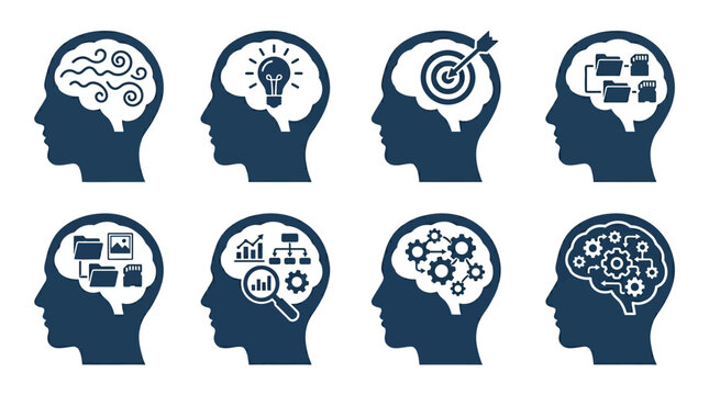 Human Brain Silhouette Icons: Ideas, Goals, Logic, Data, Process, Strategy