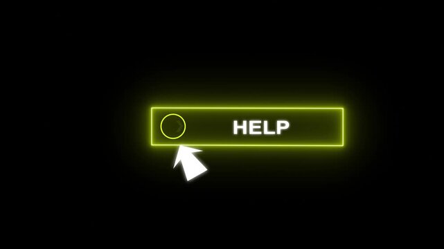 Glowing neon Red color white text cursor animation pointing towards help button in looping with transparent background.