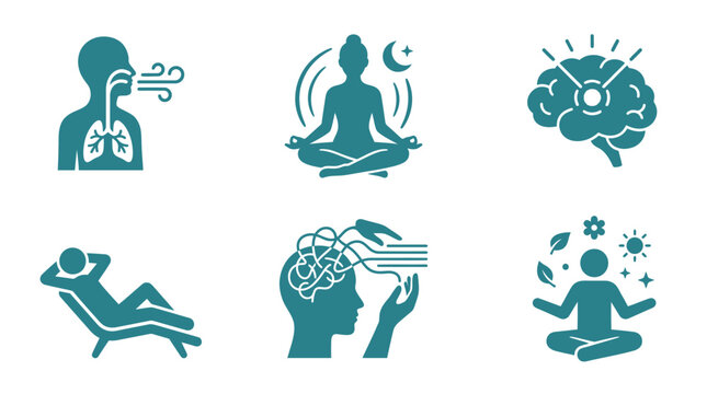 Mindfulness and Wellbeing Icons: Breathing, Meditation, Brain, Relaxation, Clarity, Nature
