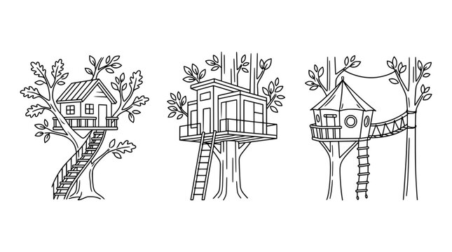 This design features an adorable collection of treehouse outlines in a minimalist style, embodying childhood dreams and imaginative play in a simplistic artistic form.