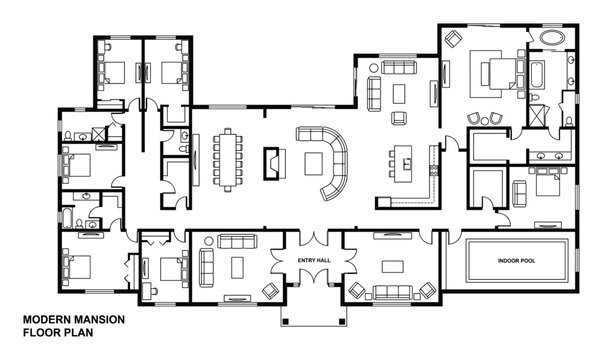 Luxurious modern mansion floor plan with multiple bedrooms living rooms pool and entry hall.