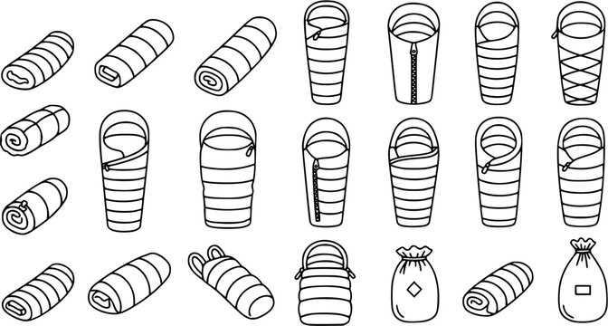 Black and White Line Art Icons of Rolled and Unrolled Sleeping Bags for Camping Gear