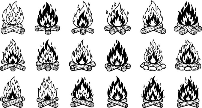 Black and White Line Art Icons of Campfire, Bonfire, and Fireplace Designs on White Background