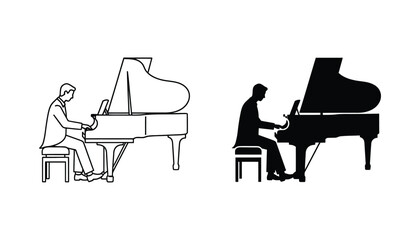 Pianist playing grand piano icon vector set featuring a musician at an instrument in outline and solid black silhouette styles for music and concert themes © Eastern