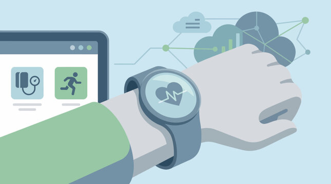 Smartwatch on wrist with fitness icons nearby.