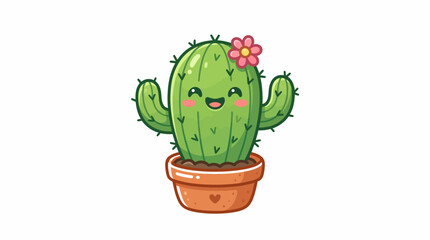 Cute Cartoon Cactus in Pot with Flower. © Han's