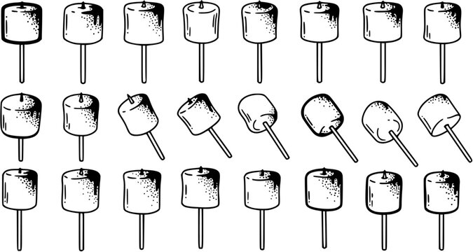 Black and White Line Art of Marshmallows on Sticks, Food Illustration