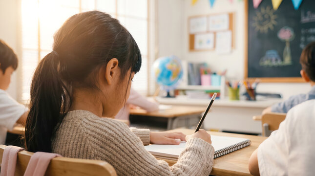 Students sit at desks in a classroom and focus on their work. One child writes in a notebook while others are also engaged in their tasks. The room is bright with sunlight