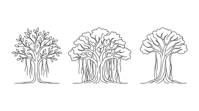 This set showcases diverse line art tree illustrations, each featuring distinct leaf shapes and intricate roots, in a minimalist monoline style that represents botanical diversity.