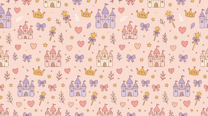 Obraz premium Cute Baby Pattern with Castles and Crowns Seamless Design