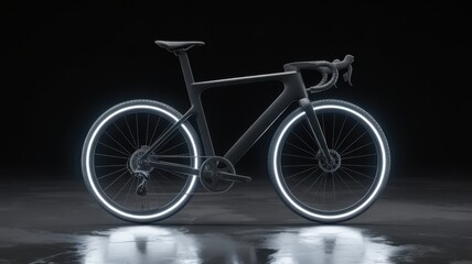 Fototapeta premium A sleek bicycle with glowing wheels is positioned on a wet floor against a dark background.