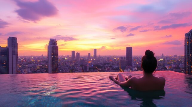 Woman relaxes in a rooftop pool, gazing at the vibrant sunset over a city skyline
