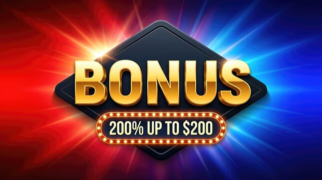 Golden bonus casino offer banner, 200% up to $200 promotion label, luxury gambling reward graphic with red and blue light rays