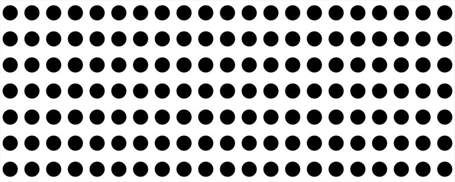 Black circular dots on white background. Mosaic holey print. Perforated metal texture. Peg board, radiator or speaker grill surface with repeated round holes. Vector graphic illustration.