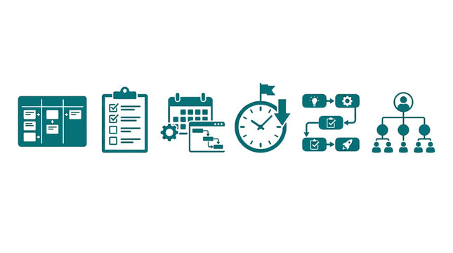 Project Management Icons: Kanban, Checklist, Calendar, Timeline, Workflow, Organization