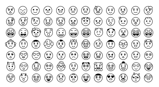 Emoticons set with various facial expressions and styles featuring happy, sad, angry with surprised and shocked elements for smiling, frowning